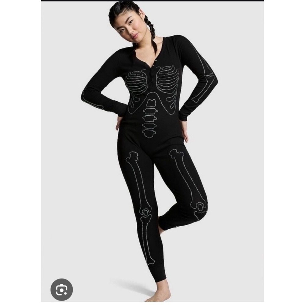 PINK Victoria's Secret Skeleton‎ Rhinestone Onesie Pajamas Black Womens Size S